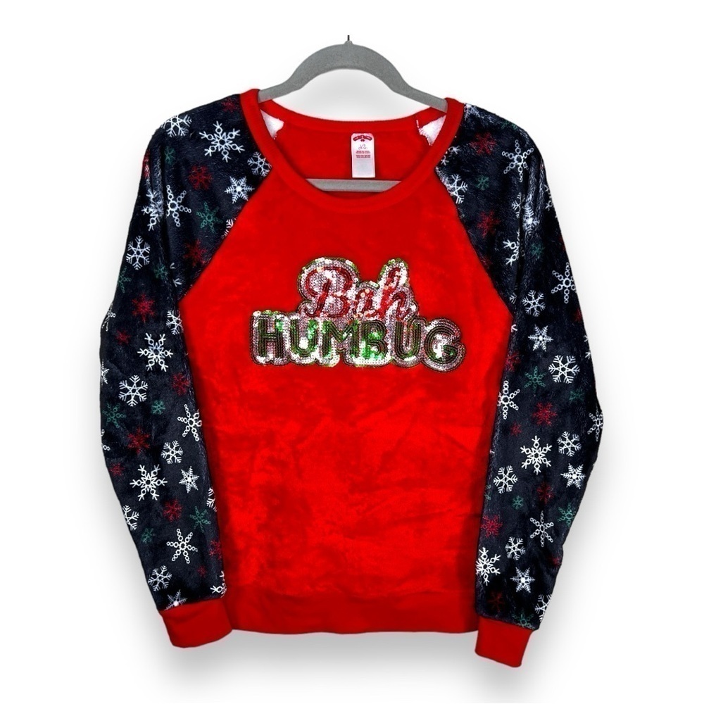 LARGE JUNIORS CHRISTMAS FLEECE SWEATER LONG SLEEVE RED GREEN  SEQUIN ACCENT